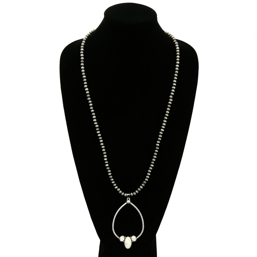 30" Long, 6mm Navajo Style Pearl Necklace, Big! Natural White Stone Pendant - Image 2