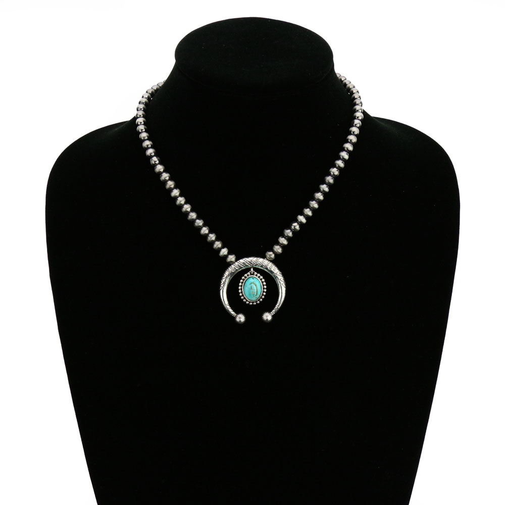 6mm Navajo Style Beads with Squash Blossom Pendant Necklace - Image 2