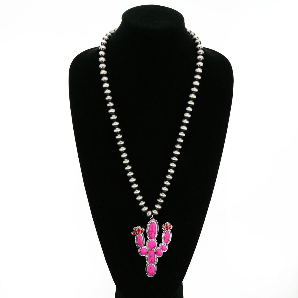 10mm Navajo Style Beads with Cactus Pendant Necklace - Image 2