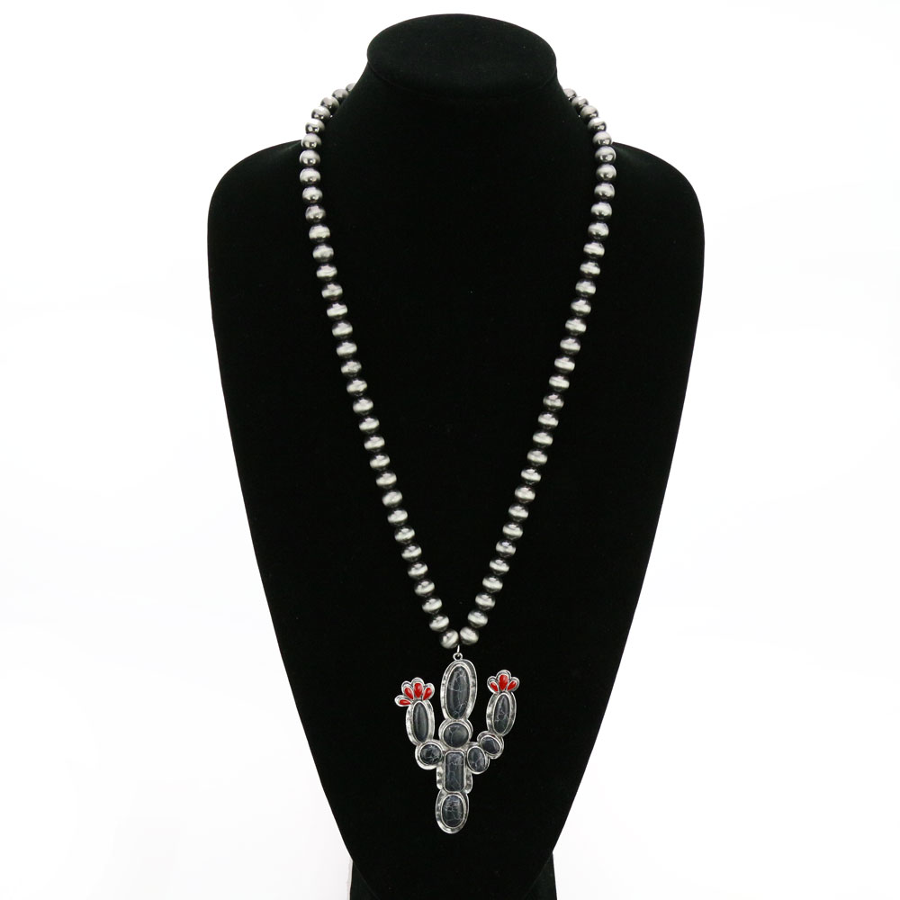 10mm Navajo Style Beads with Cactus Pendant Necklace - Image 2