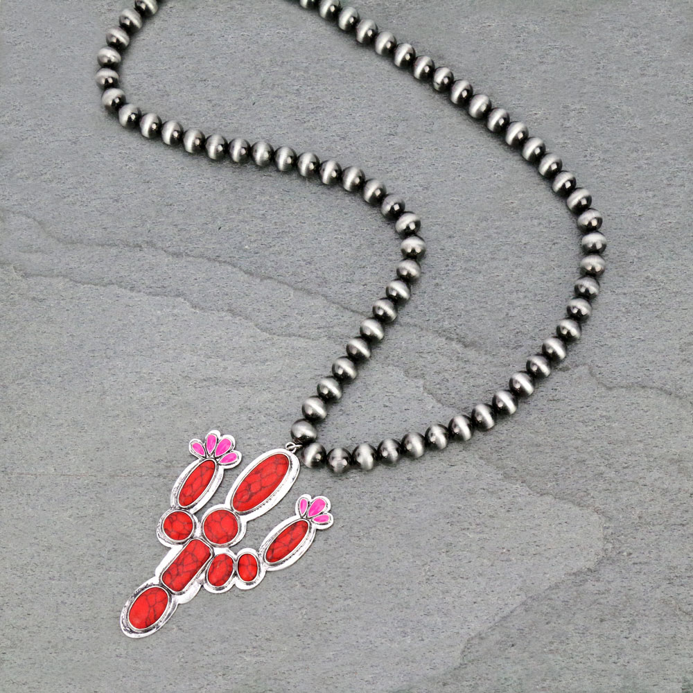 10mm Navajo Style Beads with Cactus Pendant Necklace