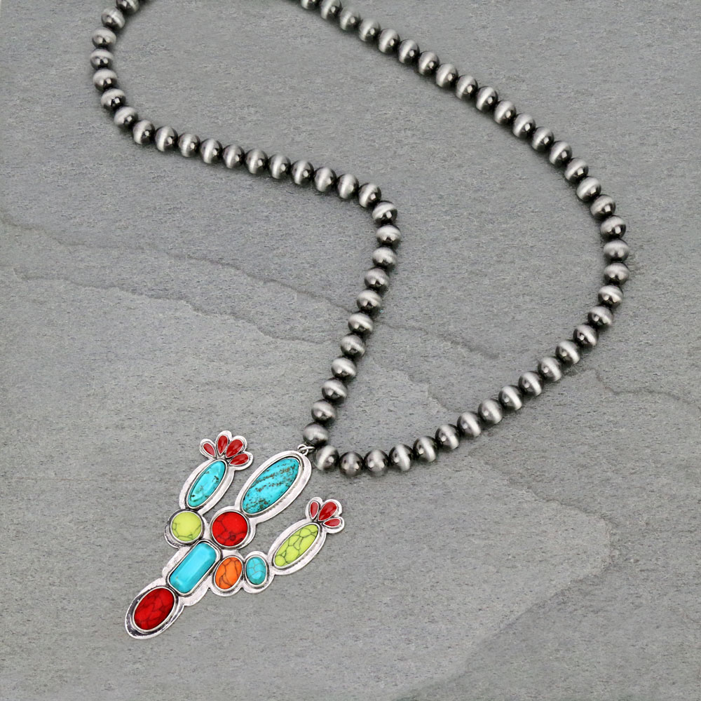 10mm Navajo Style Beads with Cactus Pendant Necklace