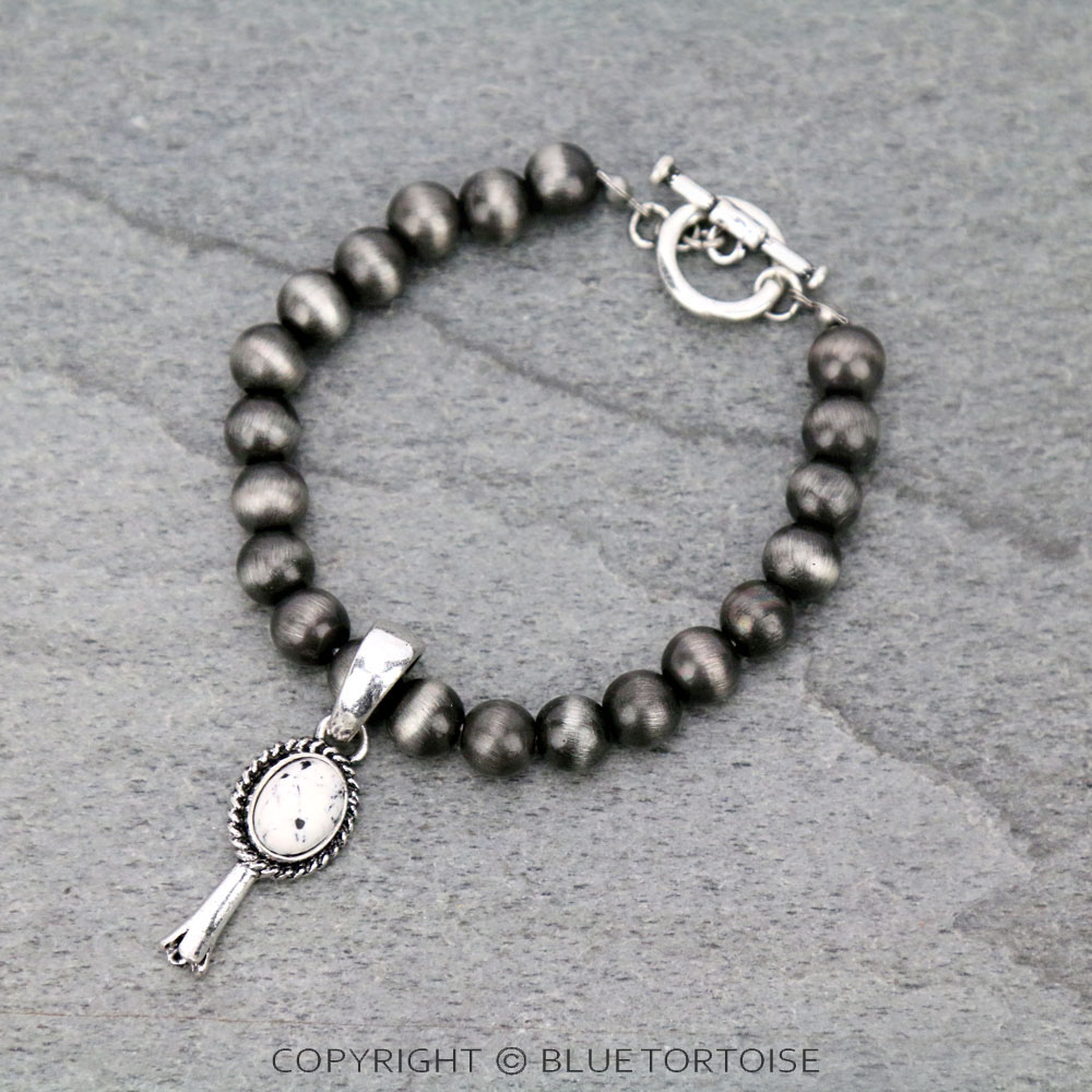 Single Squash Blossom with Navajo Style Pearl Charm Stretch Bracelet