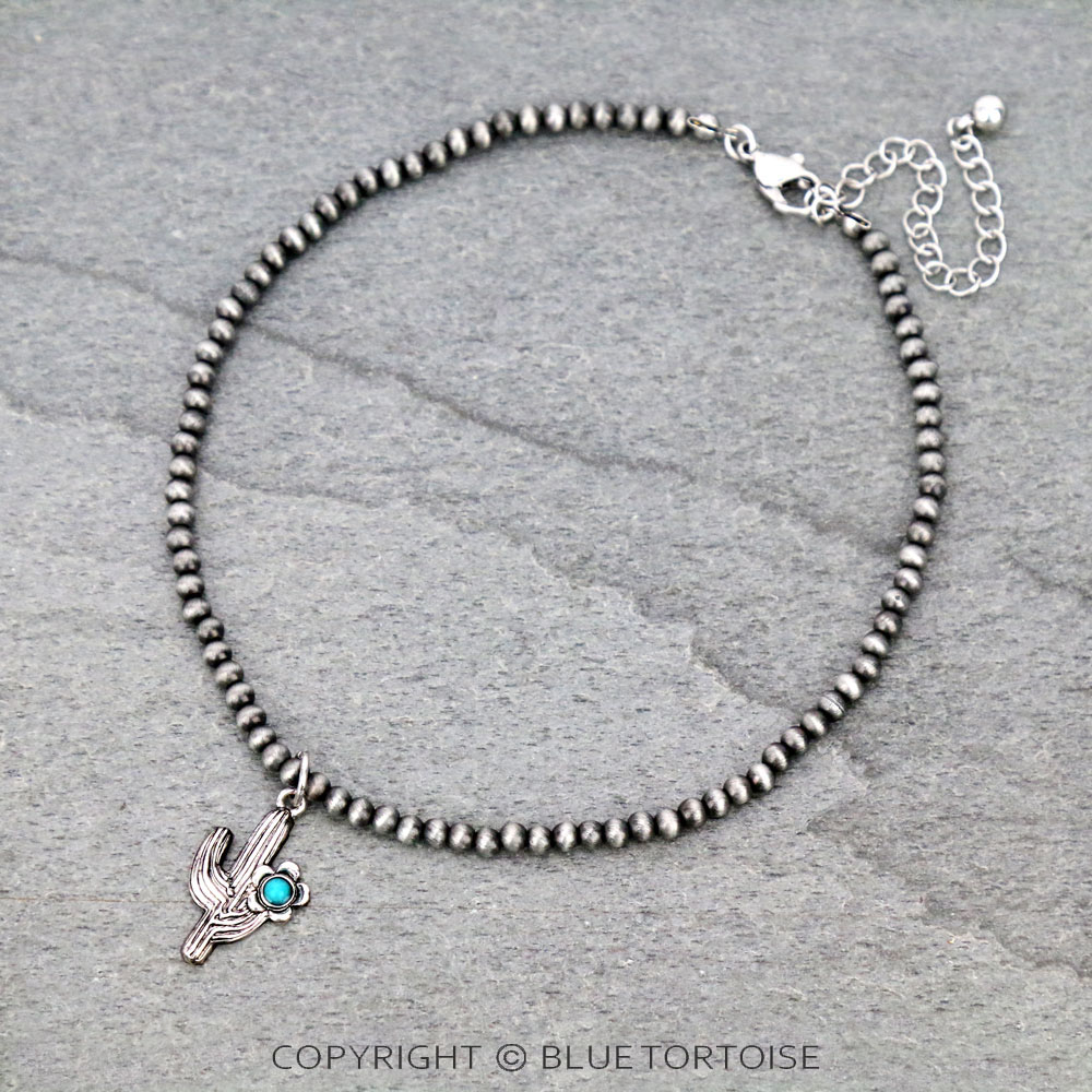 4mm Navajo Style Pearl with Cactus Pendant Choker