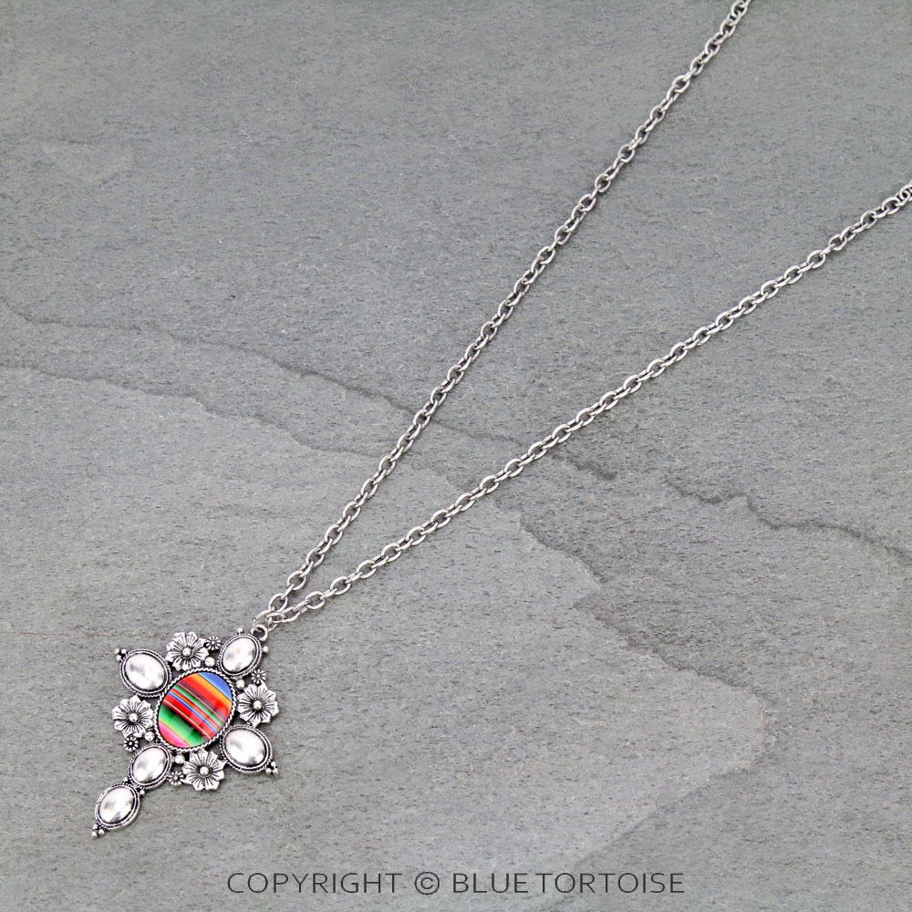 Western Glass Bubble Serape Print Cross Pendant Necklace