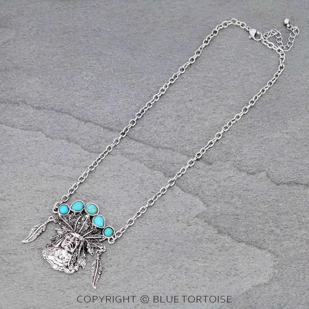 Western Indian Chief Pendant with Stone Necklace