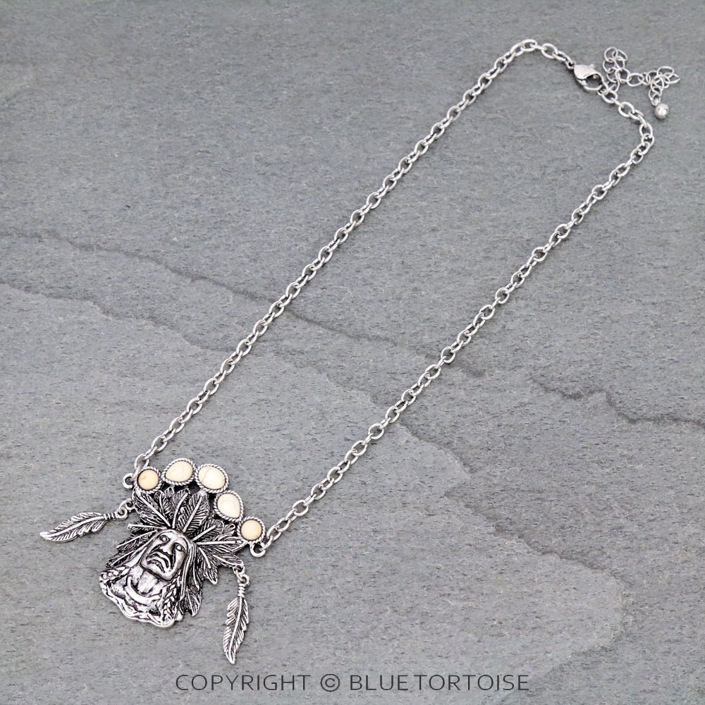 Western Indian Chief Pendant with Stone Necklace