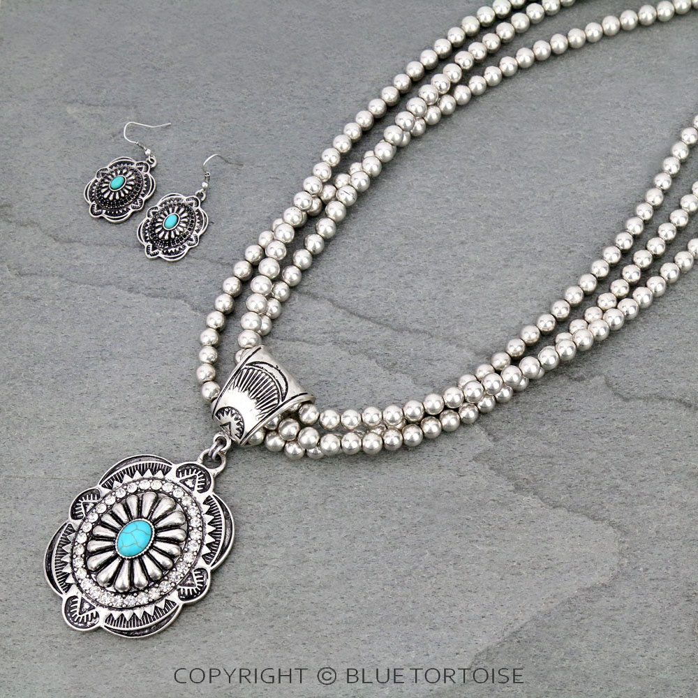 Western Concho with Stone Layered Necklace Set