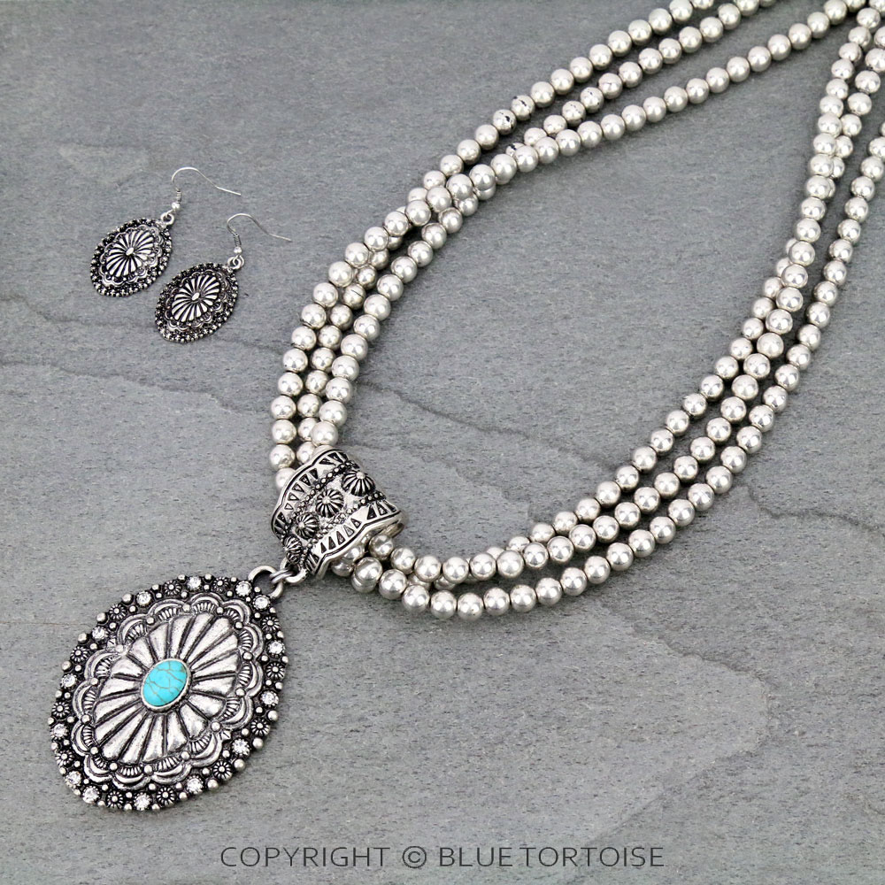 Western Concho with Stone Layered Necklace Set