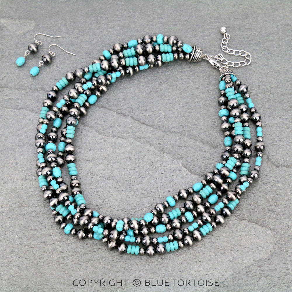 Navajo Style Pearl and Beaded Layered Necklace Set