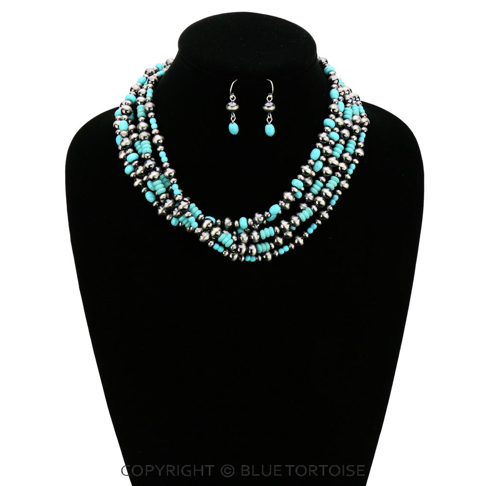 Navajo Style Pearl and Beaded Layered Necklace Set - Image 2