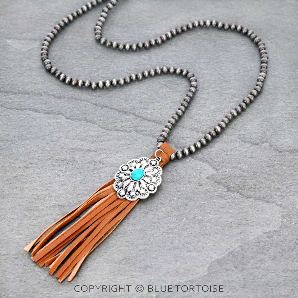 Navajo Style Pearl with Concho Pendant Tassel Necklace