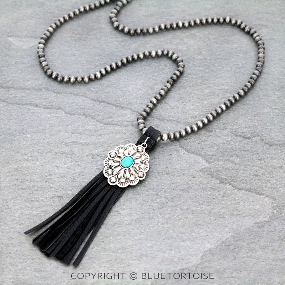 Navajo Style Pearl with Concho Pendant Tassel Necklace