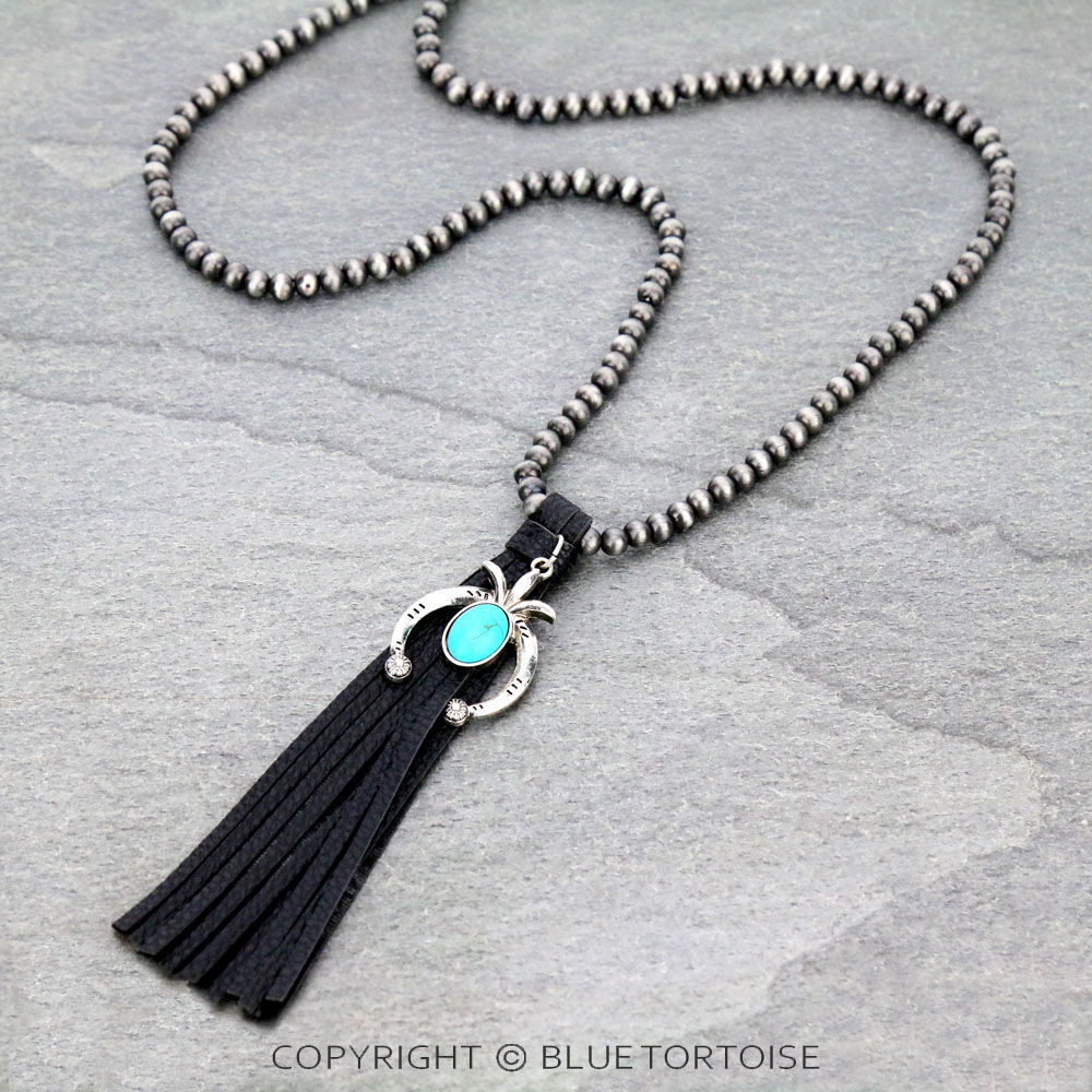 Navajo Style Pearl with Squash Blossom Pendant Tassel Necklace