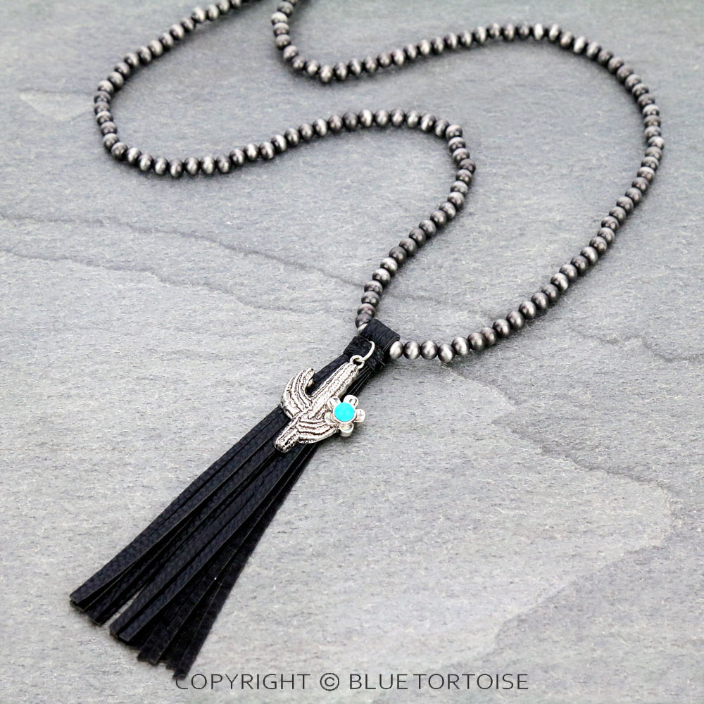 Navajo Style Pearl with Cactus Pendant Tassel Necklace