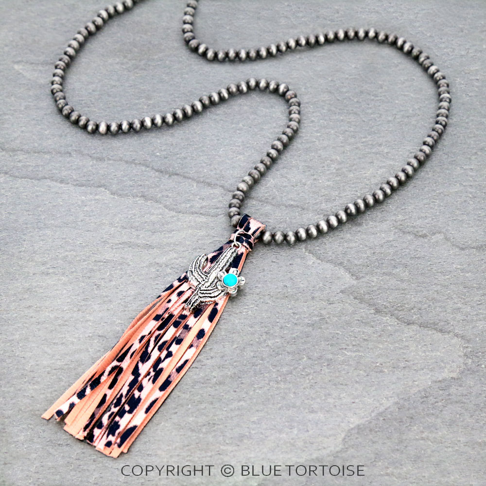 Navajo Style Pearl with Cactus Pendant Tassel Necklace