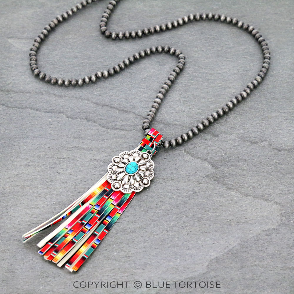 Navajo Style Pearl with Concho Pendant Tassel Necklace