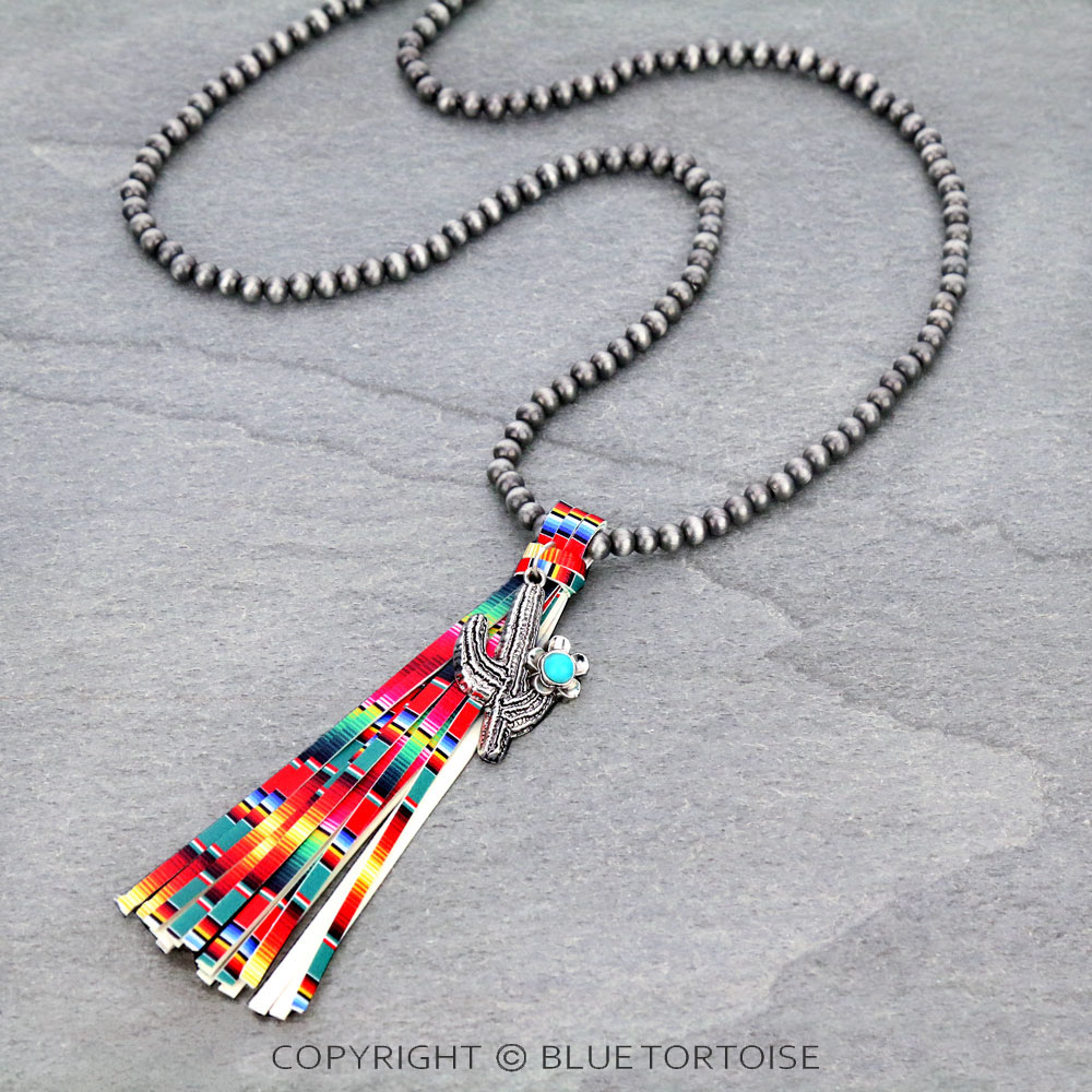 Navajo Style Pearl with Cactus Pendant Tassel Necklace