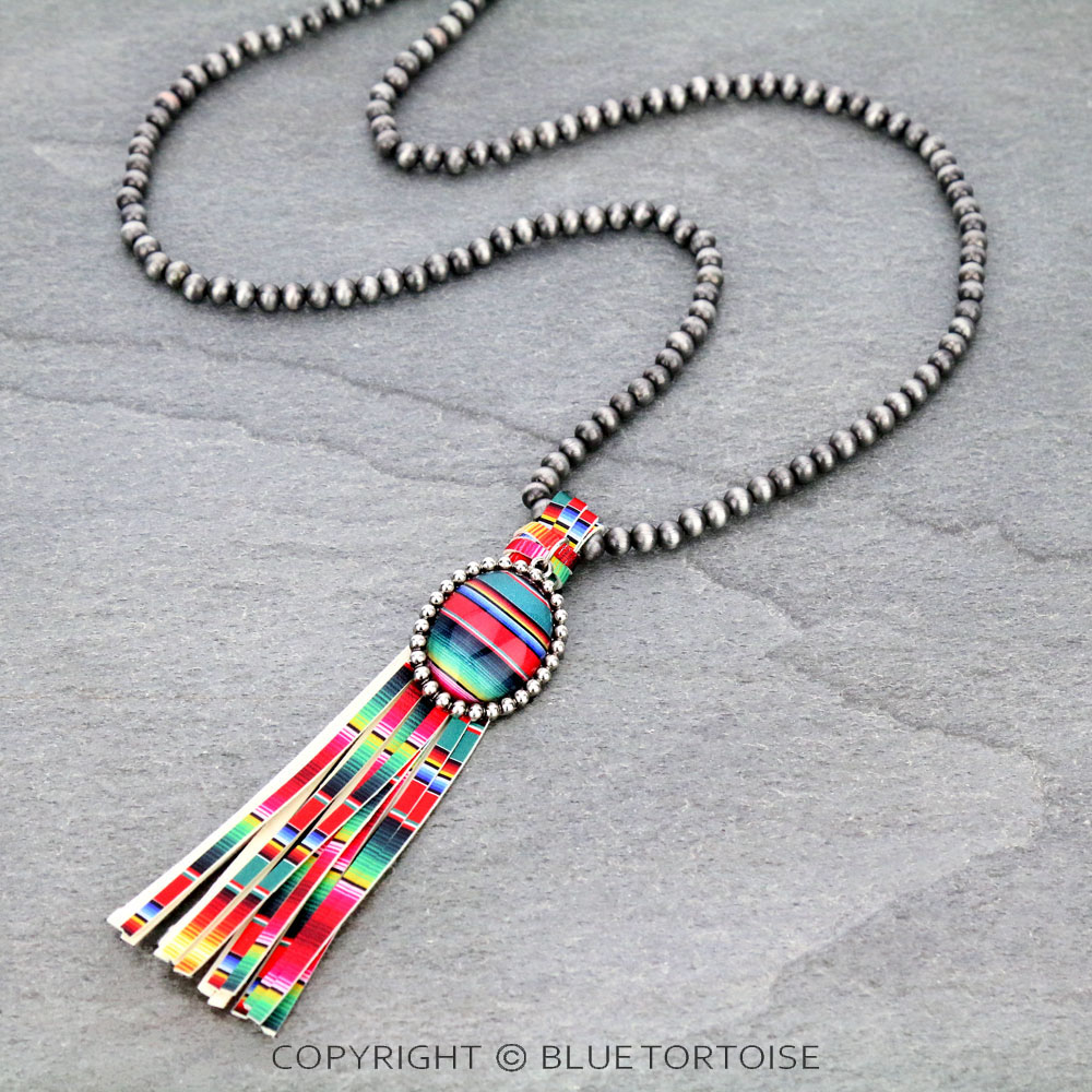 Navajo Style Pearl with Serape Bubble Glass Pendant Tassel Necklace