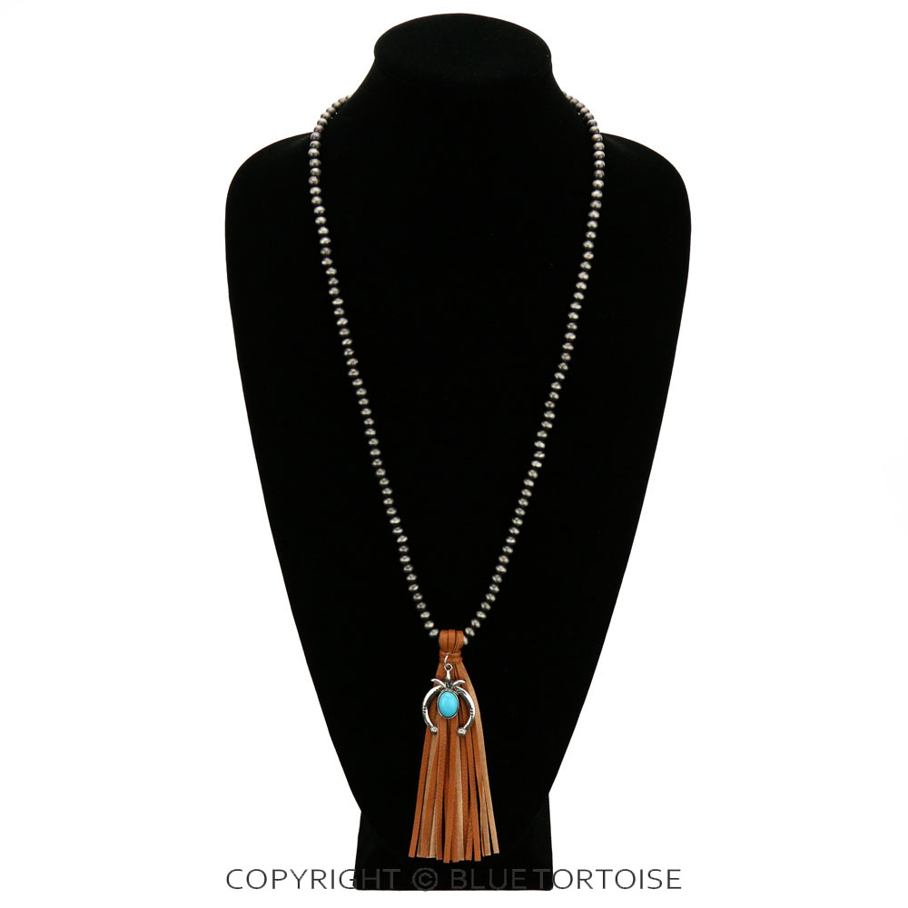 Navajo Style Pearl with Squash Blossom Pendant Tassel Necklace - Image 2