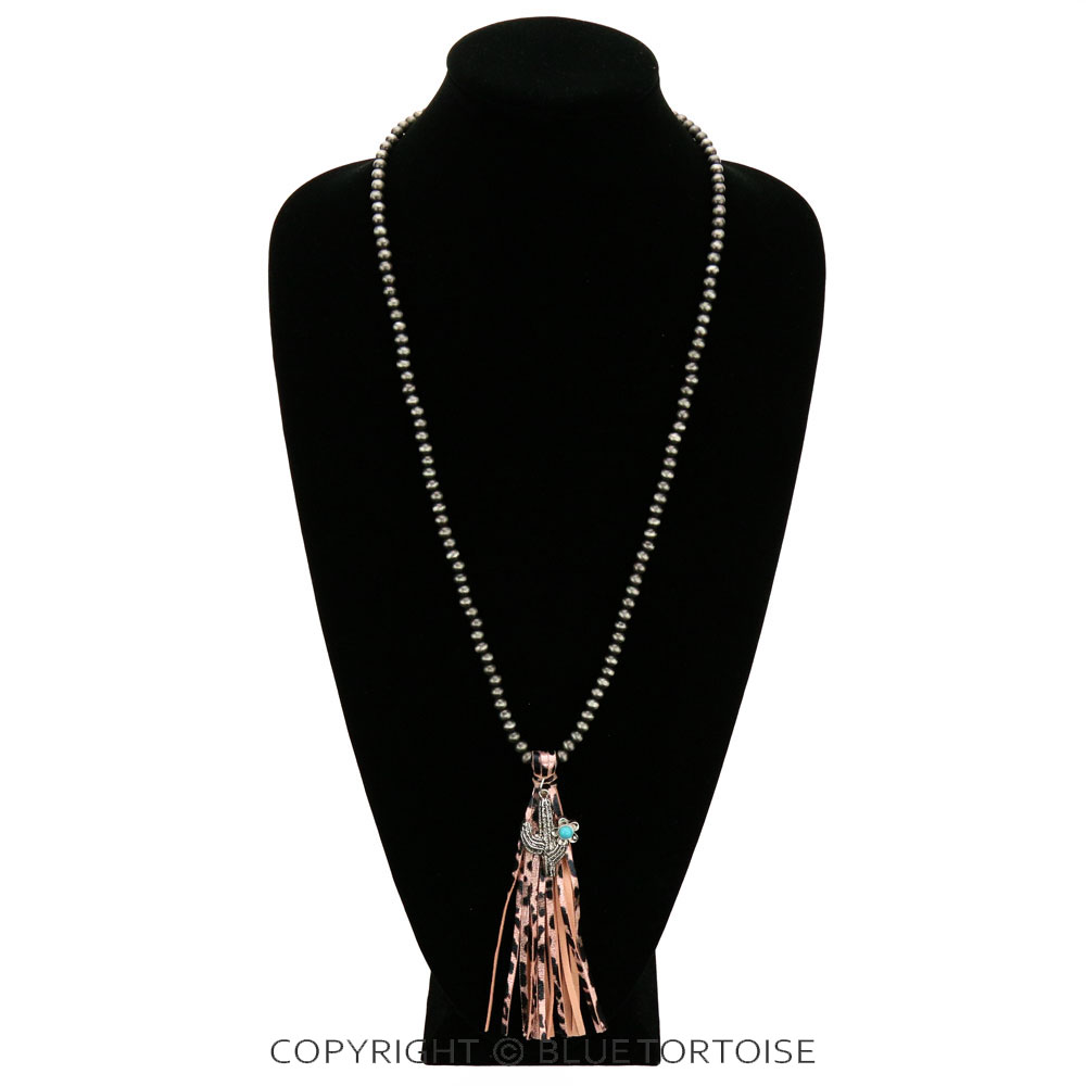 Navajo Style Pearl with Cactus Pendant Tassel Necklace - Image 2