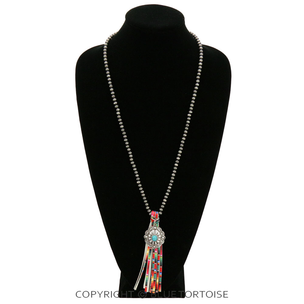 Navajo Style Pearl with Concho Pendant Tassel Necklace - Image 2