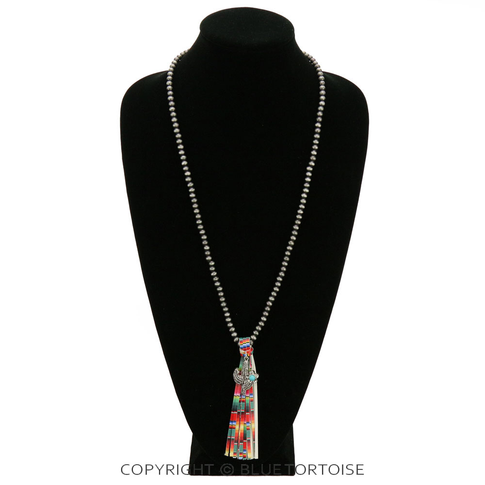 Navajo Style Pearl with Cactus Pendant Tassel Necklace - Image 2