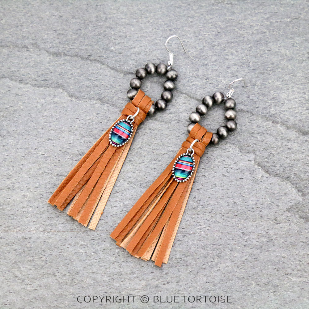 Navajo Style Pearl with Serape Bubble Glass Pendant Tassel Dangle Earrings