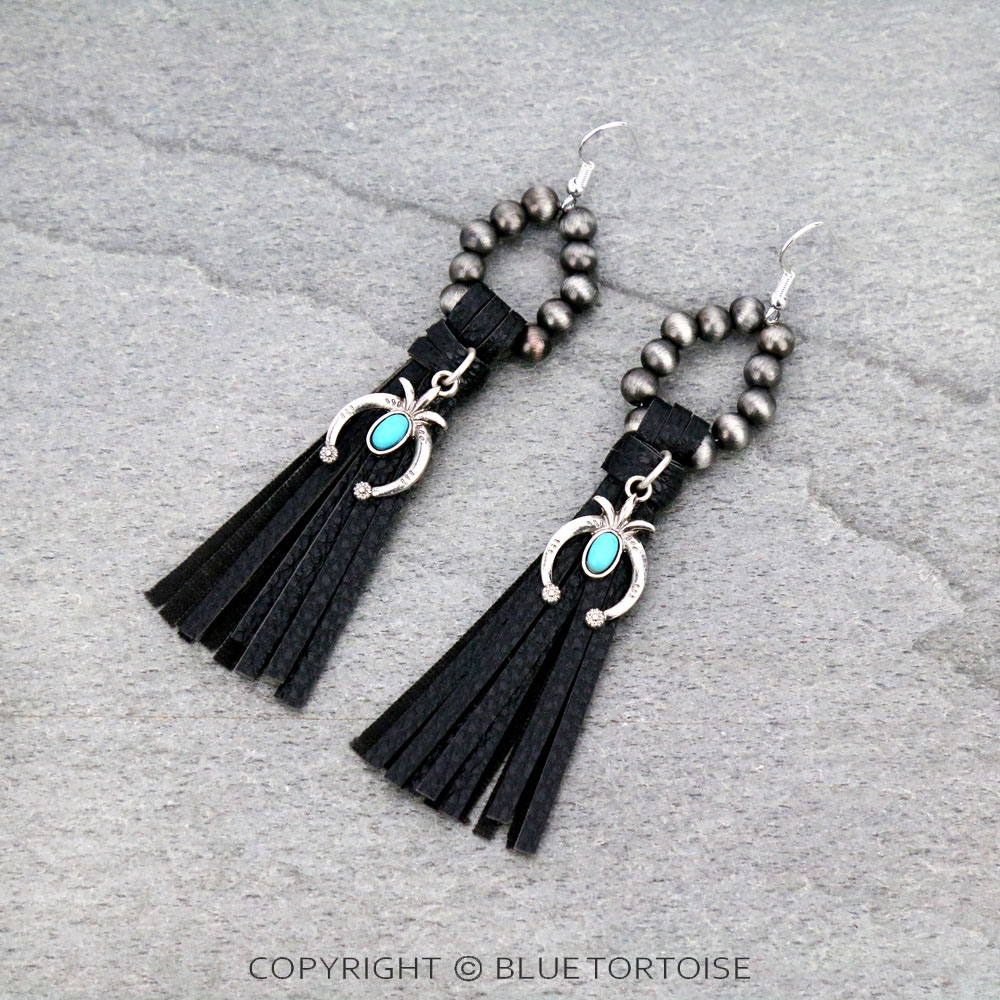 Navajo Style Pearl with Squash Blossom Pendant Tassel Dangle Earrings