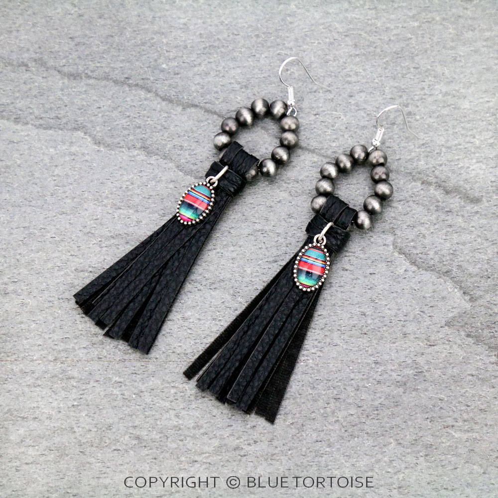 Navajo Style Pearl with Serape Bubble Glass Pendant Tassel Dangle Earrings