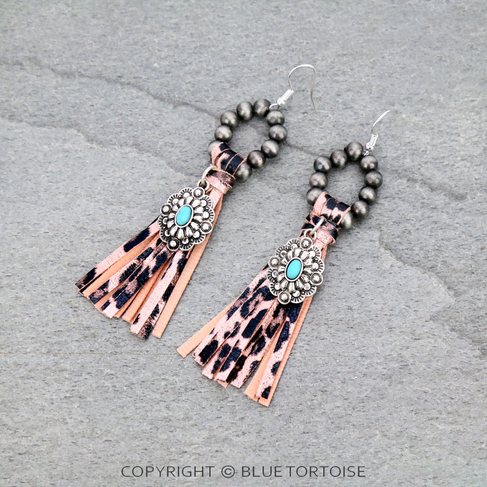 Navajo Style Pearl with Concho Pendant Tassel Dangle Earrings
