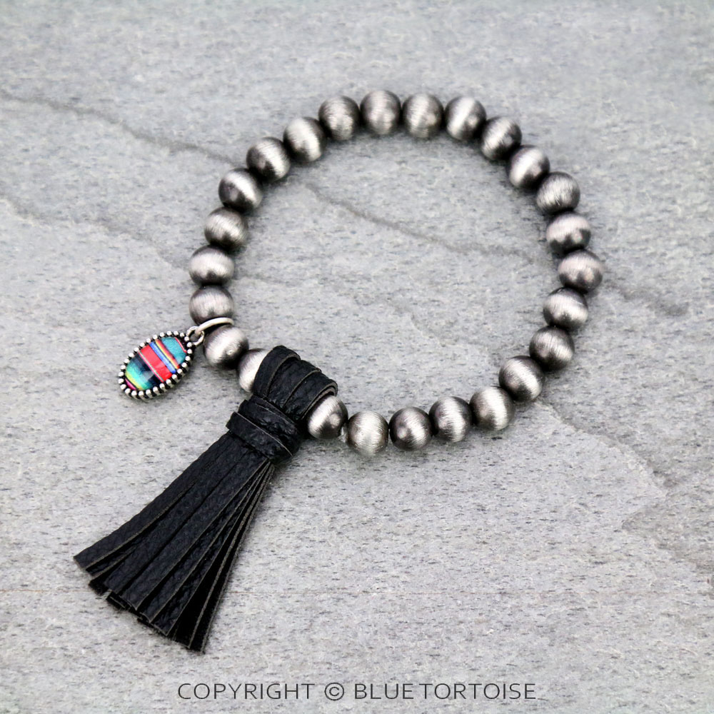 Navajo Style Pearl with Serape Bubble Glass Pendant Tassel Stretch Bracelet
