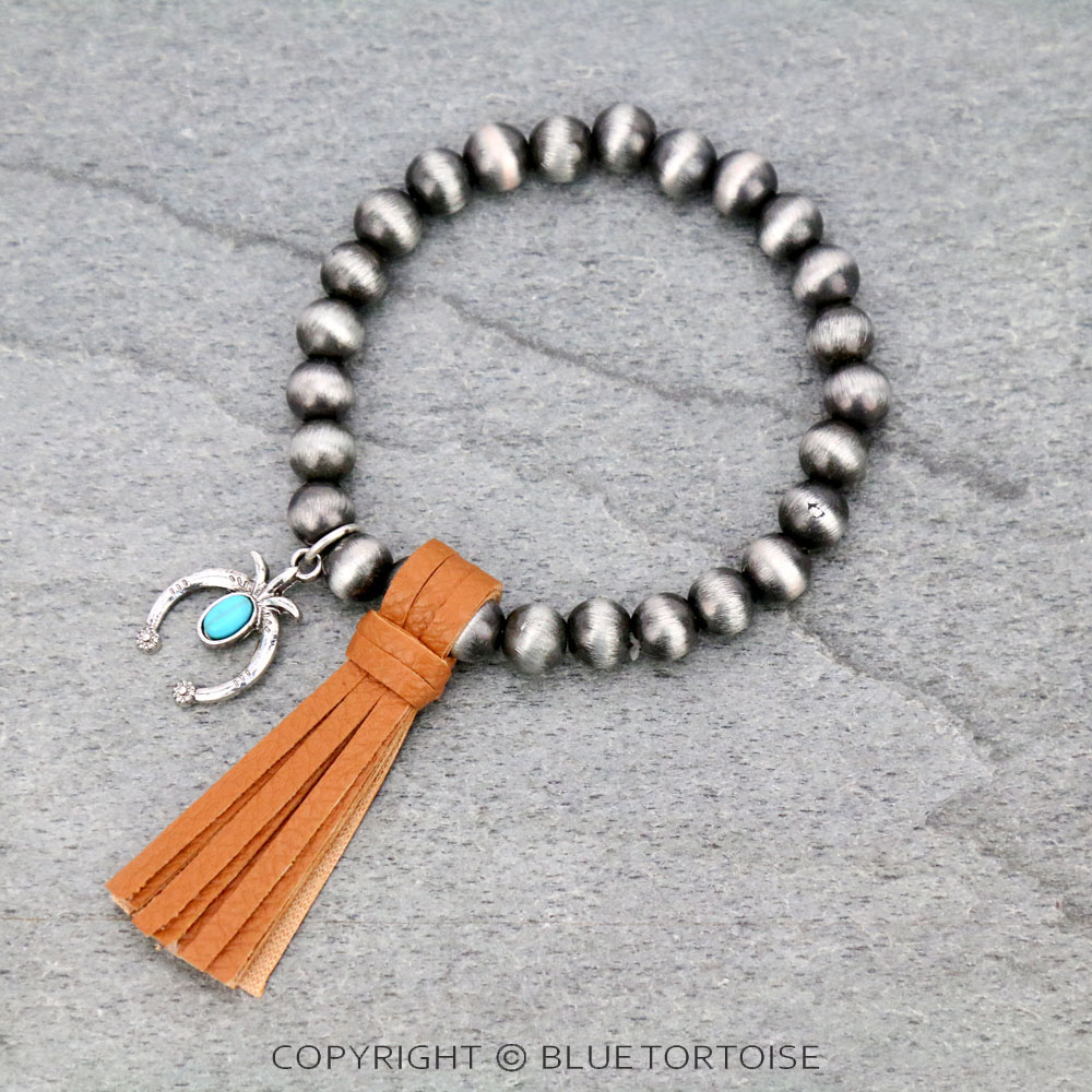 Navajo Style Pearl with Squash Blossom Pendant Tassel Stretch Bracelet