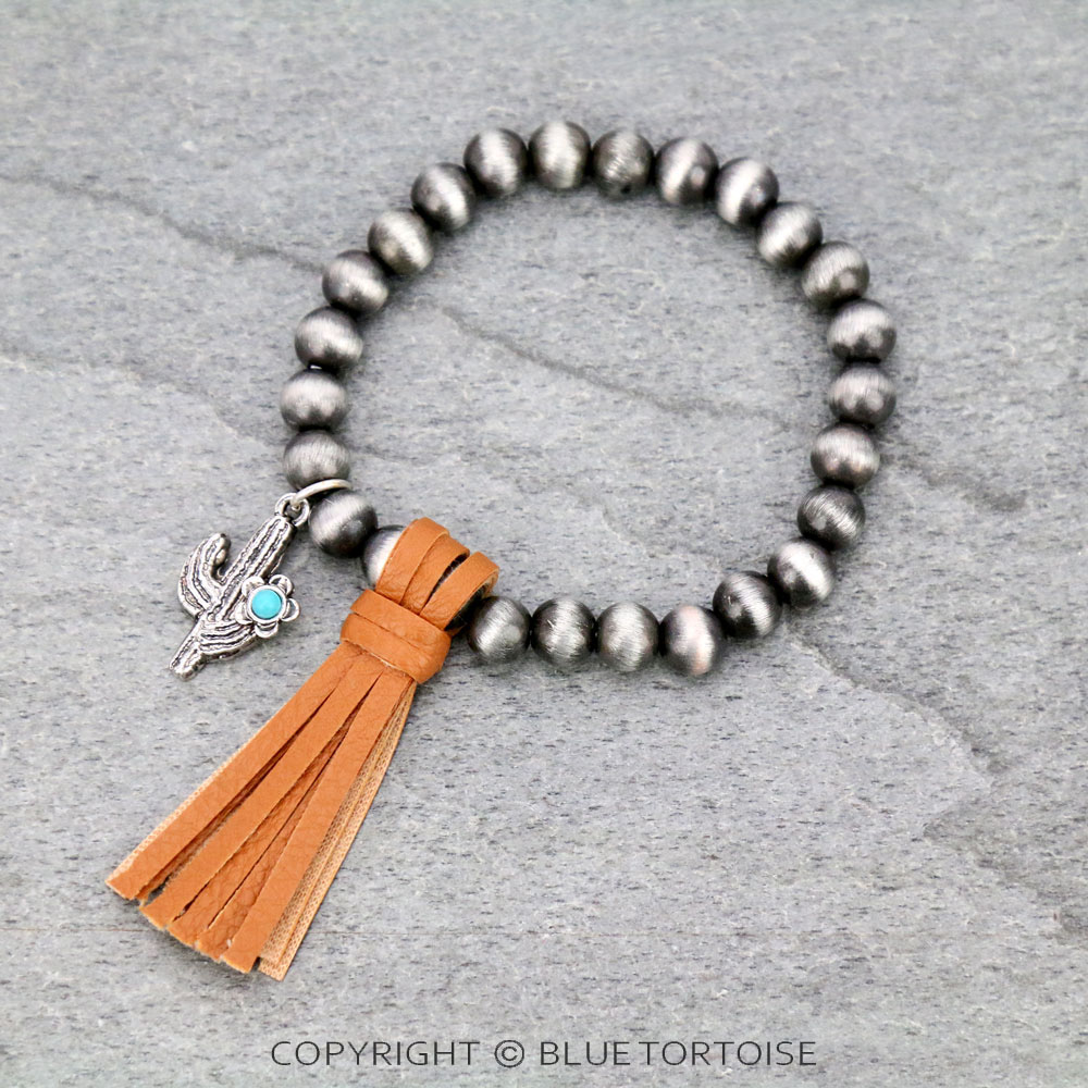 Navajo Style Pearl with Cactus Pendant Tassel Stretch Bracelet