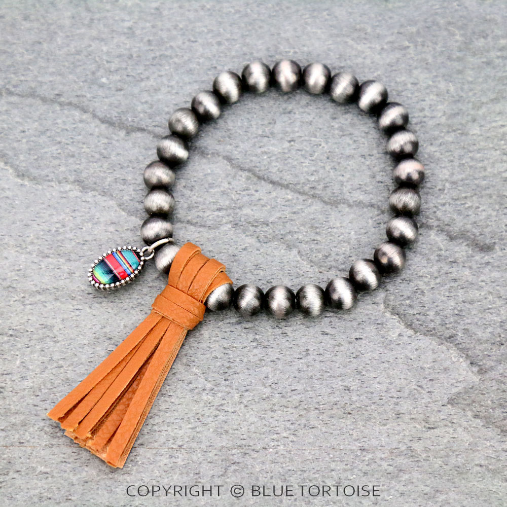 Navajo Style Pearl with Serape Bubble Glass Pendant Tassel Stretch Bracelet
