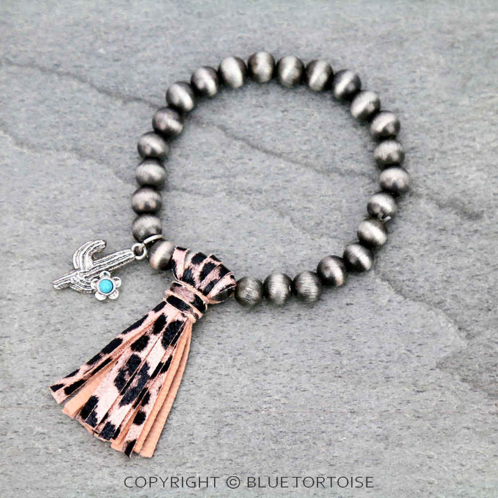 Navajo Style Pearl with Cactus Pendant Tassel Stretch Bracelet