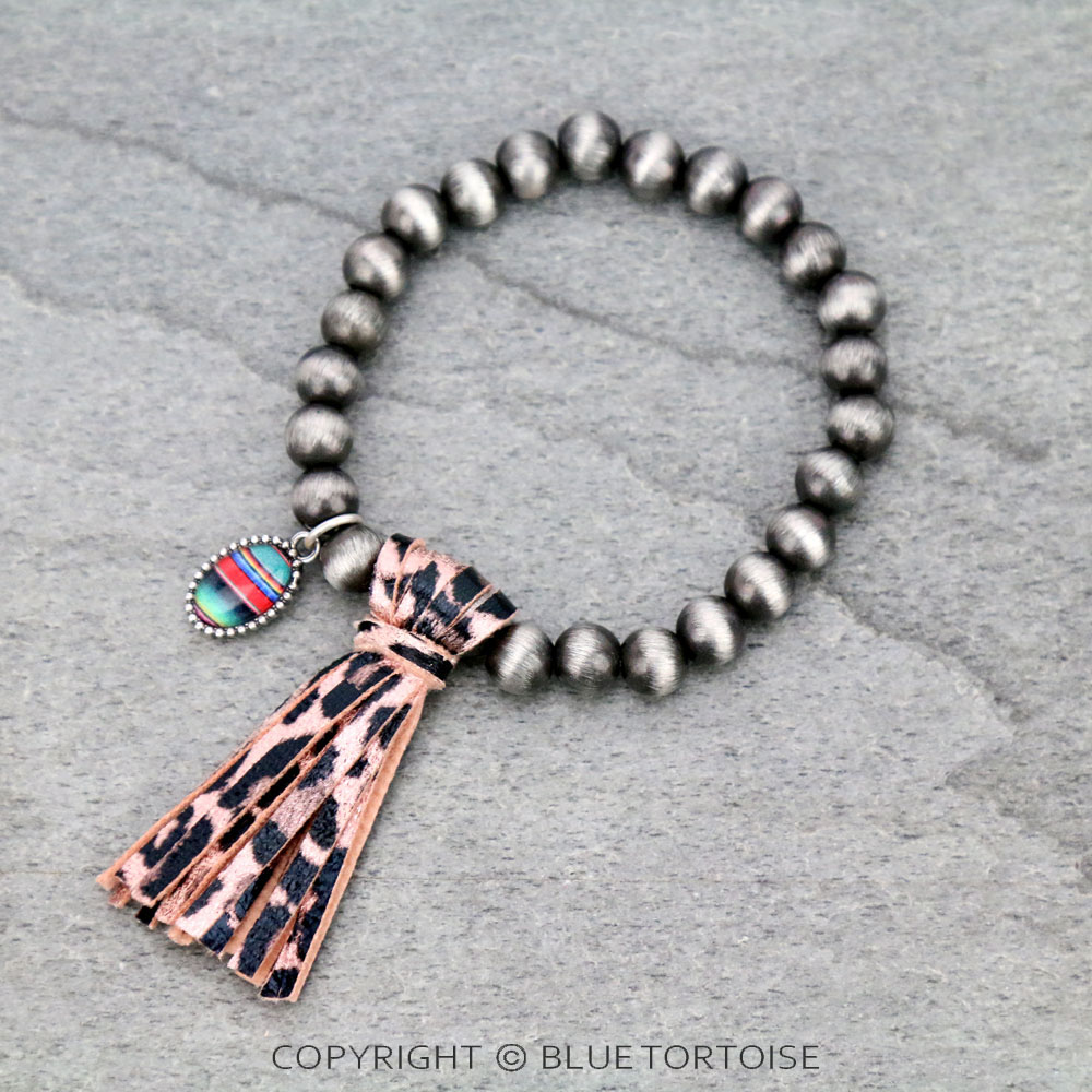 Navajo Style Pearl with Serape Bubble Glass Pendant Tassel Stretch Bracelet
