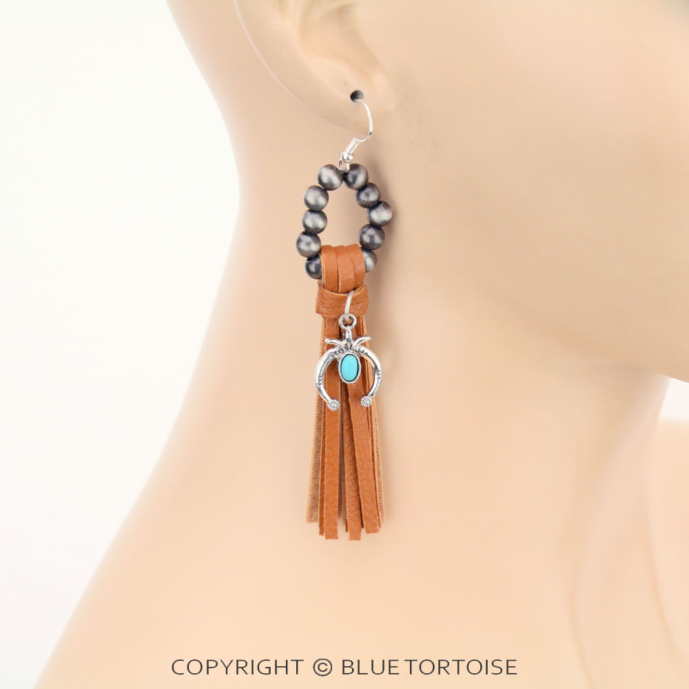 Navajo Style Pearl with Squash Blossom Pendant Tassel Dangle Earrings - Image 2