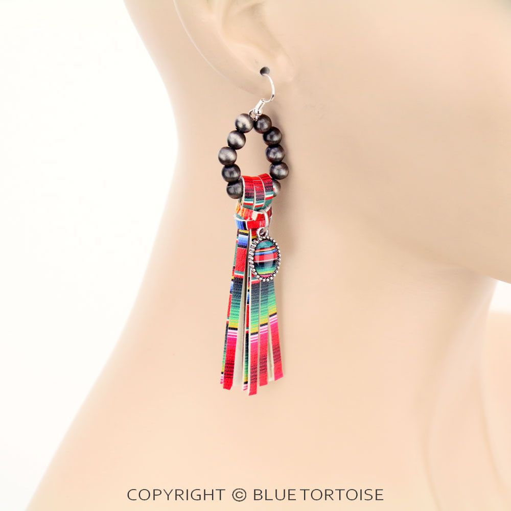Navajo Style Pearl with Serape Bubble Glass Pendant Tassel Dangle Earrings - Image 2