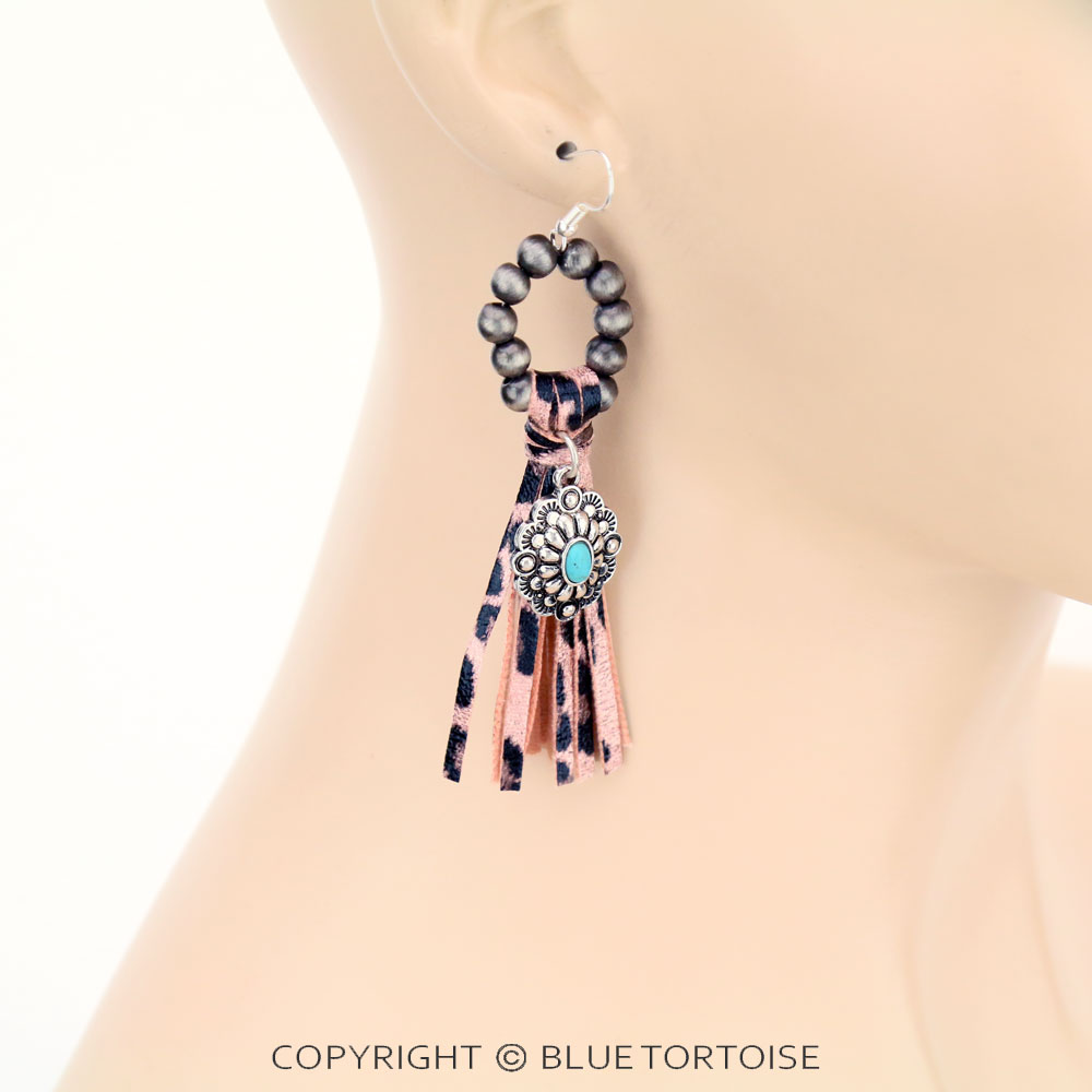Navajo Style Pearl with Concho Pendant Tassel Dangle Earrings - Image 2