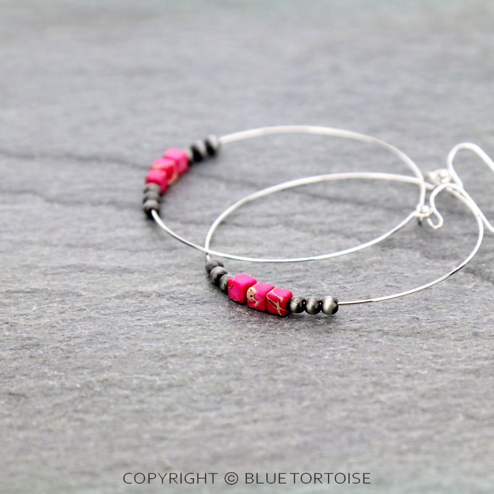 Tiny 5mm Natural Square Stone Bead Hoop Earrings - Image 3
