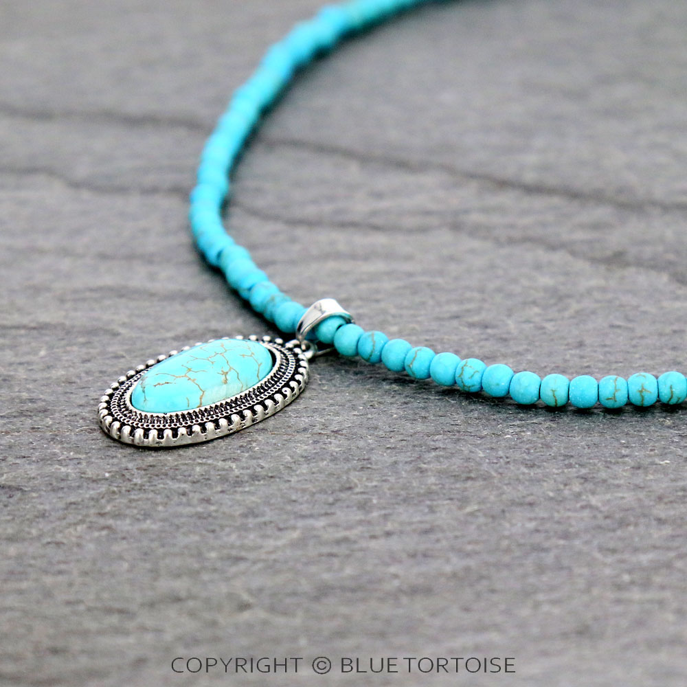 16" Long, Tiny 0.15"(4mm) Turquoise Beaded Necklace with Natural Stone Pendant - Image 3