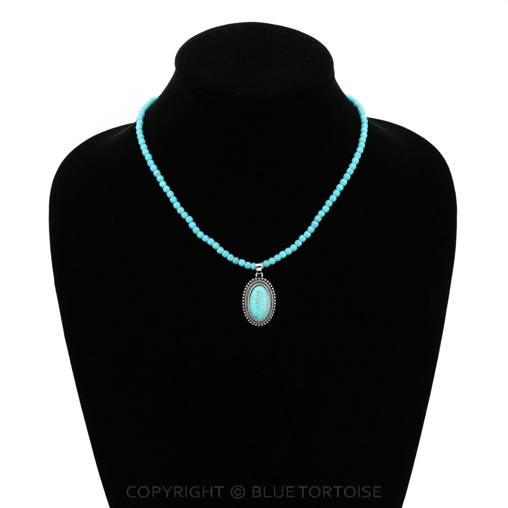 16" Long, Tiny 0.15"(4mm) Turquoise Beaded Necklace with Natural Stone Pendant - Image 2
