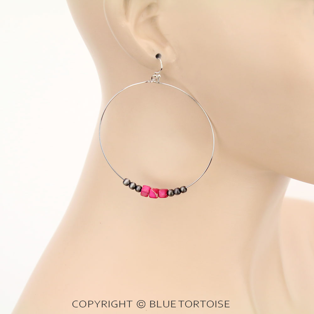 Tiny 5mm Natural Square Stone Bead Hoop Earrings - Image 2