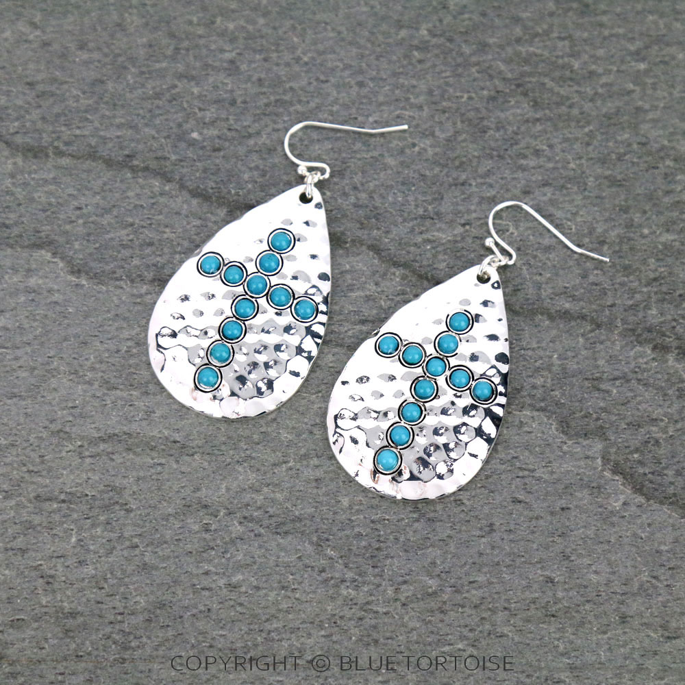Western Hammered Acrylic Stone with Cross Stud Earrings