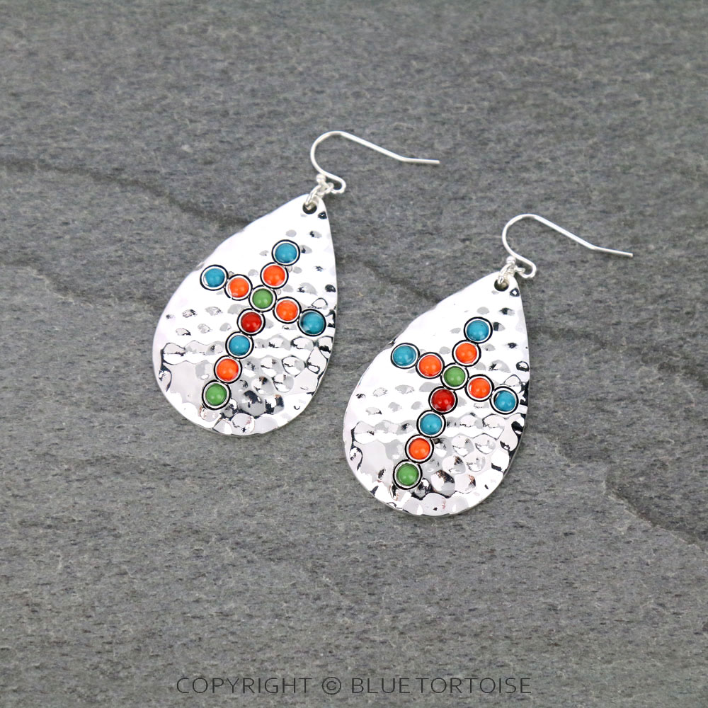 Western Hammered Acrylic Stone with Cross Stud Earrings