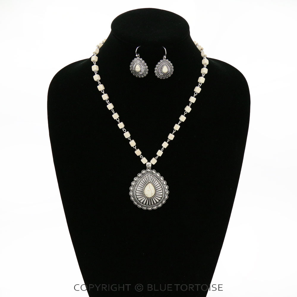 Western Concho Teardrop with Semi Stone Necklace Set - Image 2
