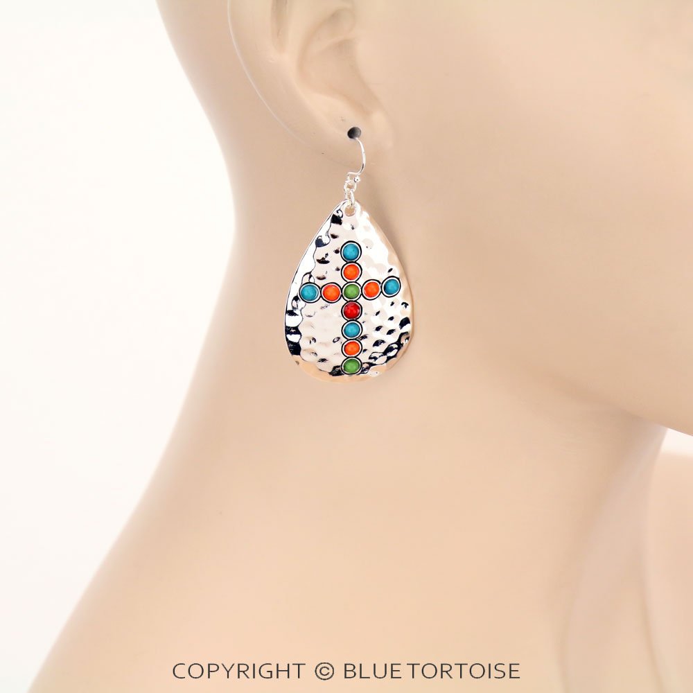 Western Hammered Acrylic Stone with Cross Stud Earrings - Image 2