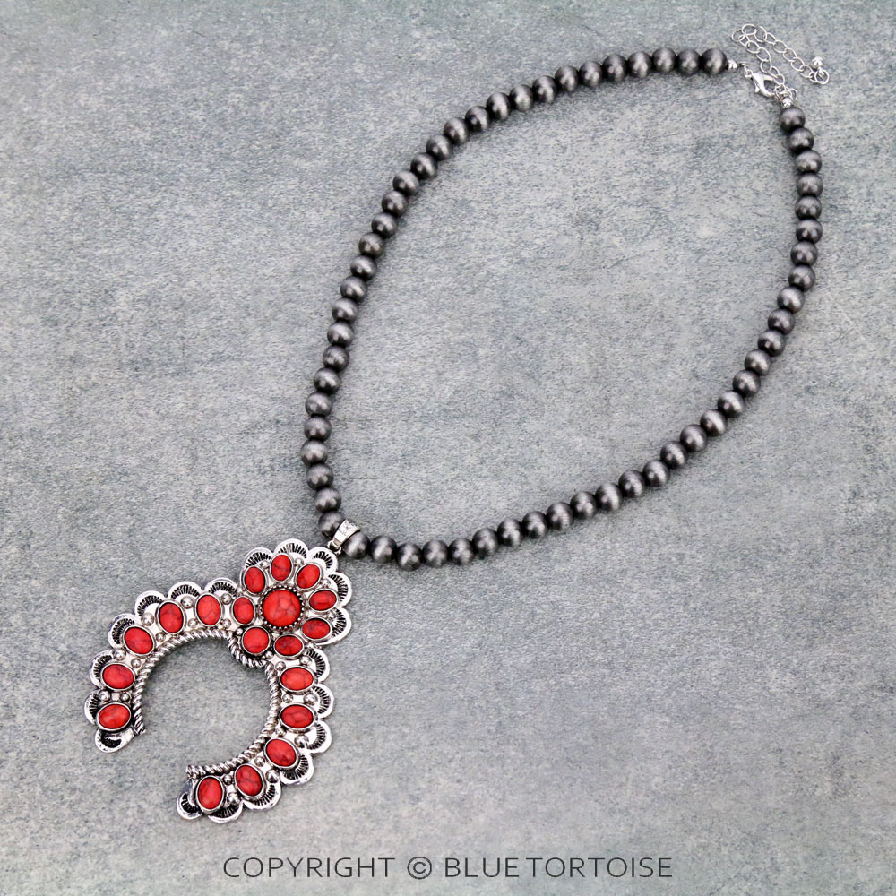 Navajo Style Beads with Squash Blossom Pendant Necklace
