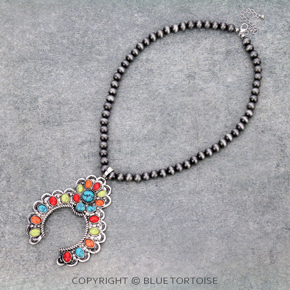 Navajo Style Beads with Squash Blossom Pendant Necklace